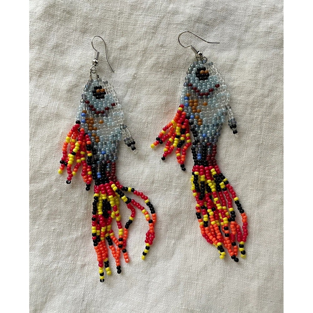 Fish Earrings Seed Bead Fringe Dangle Statement Coastal Tropical Ocean Beach NEW